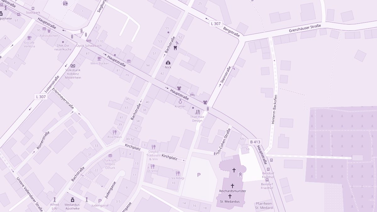 Kartenausschnitt der Hauptstraße in Bendorf mit dem Studio in der Bildmitte